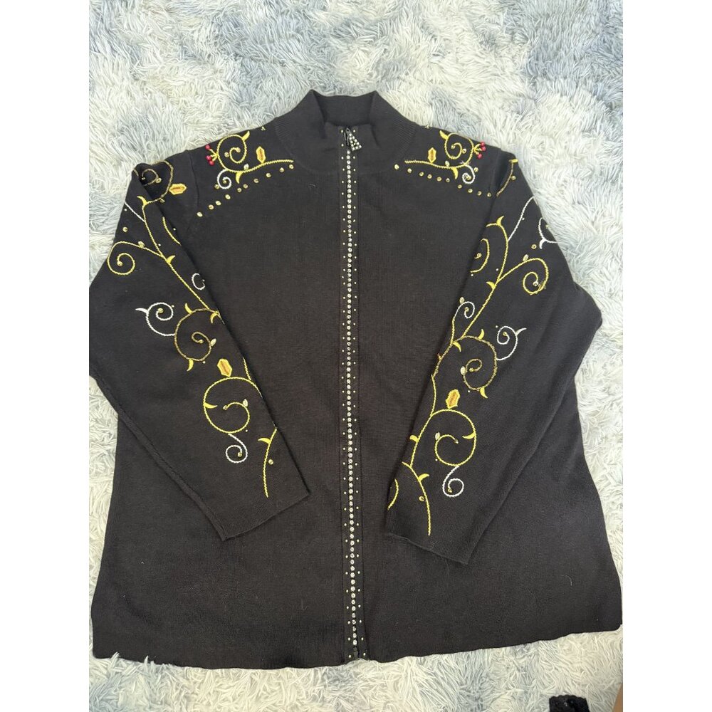 Quacker Factory Black Holiday Zip Up Sweater Gold Holly Embroidered 1X
